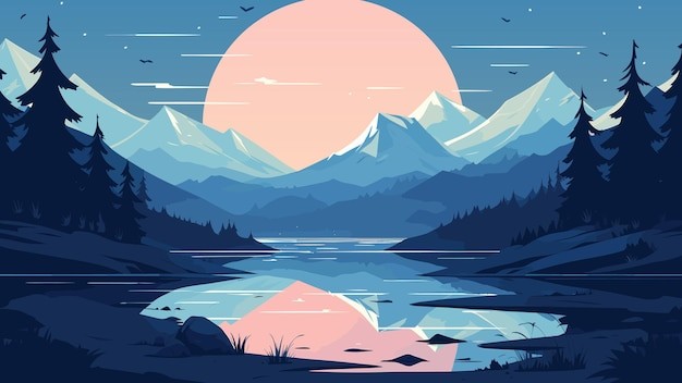 自然风景湖泊山森林落日插画