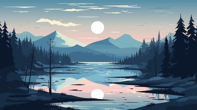 自然风景湖泊山森林落日插画