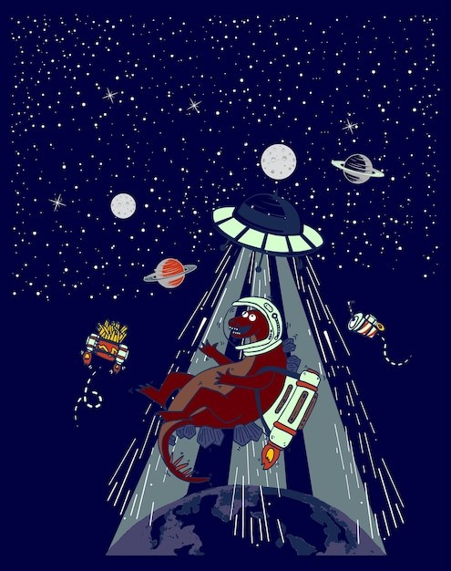 外星飞碟吸引恐龙宇航员创意插画