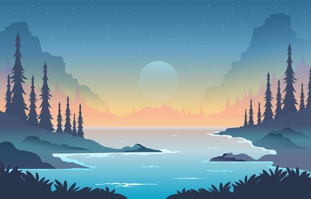 自然风景湖泊山森林落日插画