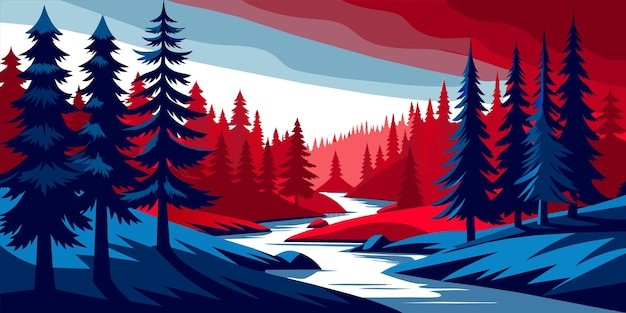 森林河流风景插画