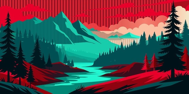 森林河流风景插画