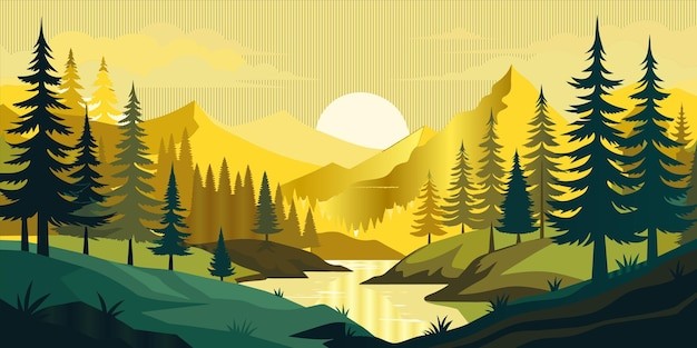 森林河流风景插画