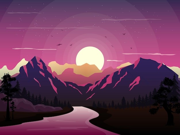 山河流落日插画