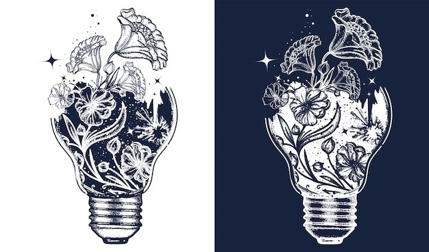 纹身艺术灯泡生命植物花朵生长绽放插画