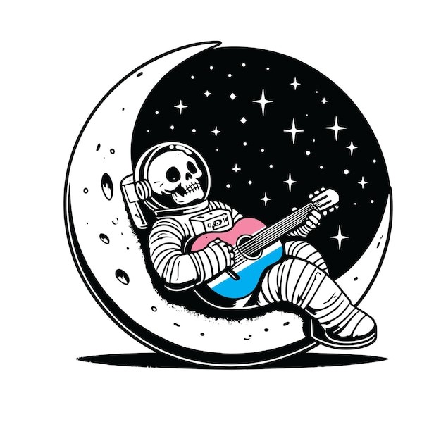 骷髅宇航员月亮弹吉他孤独感概念插画