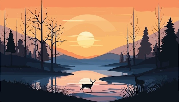 自然风景湖泊日落插画