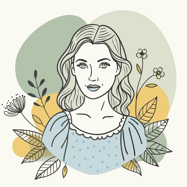 手绘复古小清新风格任务女人肖像插画