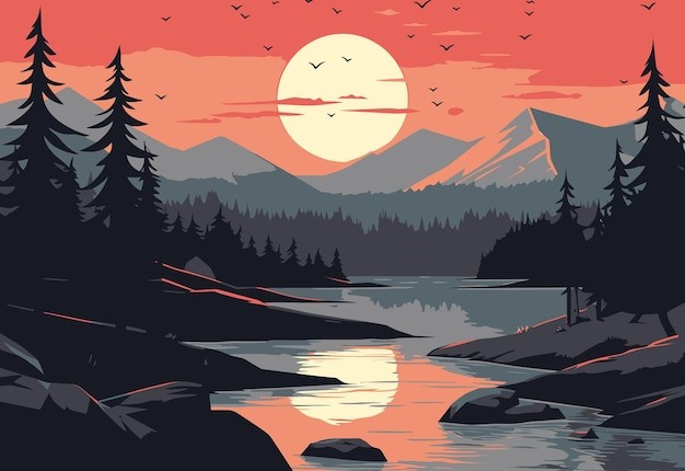 山日落森林风景场景插画