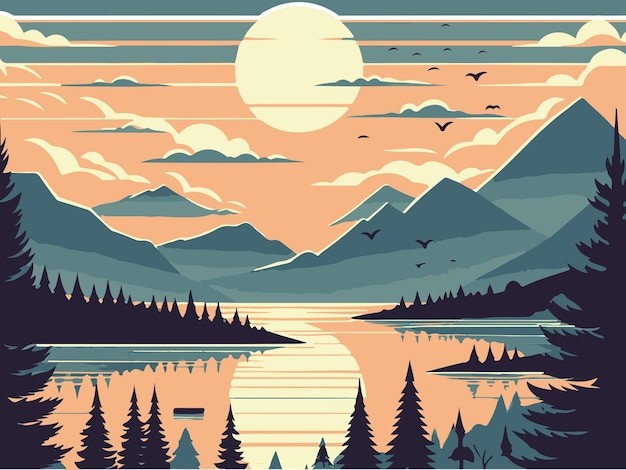 山日落森林风景场景插画