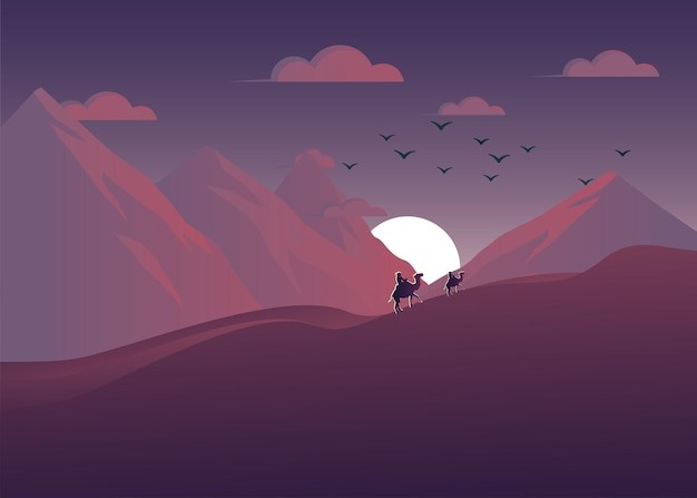 沙漠骆驼落日风景插画