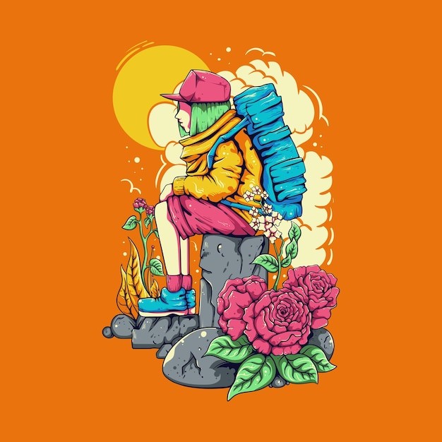 彩色徒步旅行者背着背包坐在石头上插画