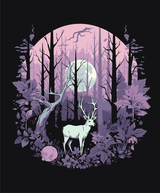 森林里的一只鹿背景是月亮插画