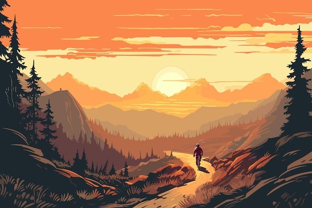 山地自行车风景复古插画