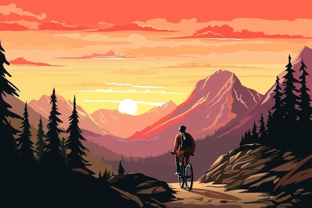 山地自行车风景复古插画