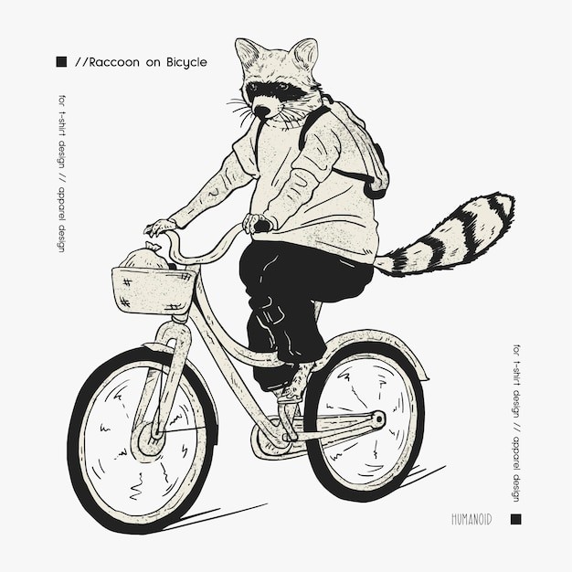 手绘浣熊骑自行车T恤插画