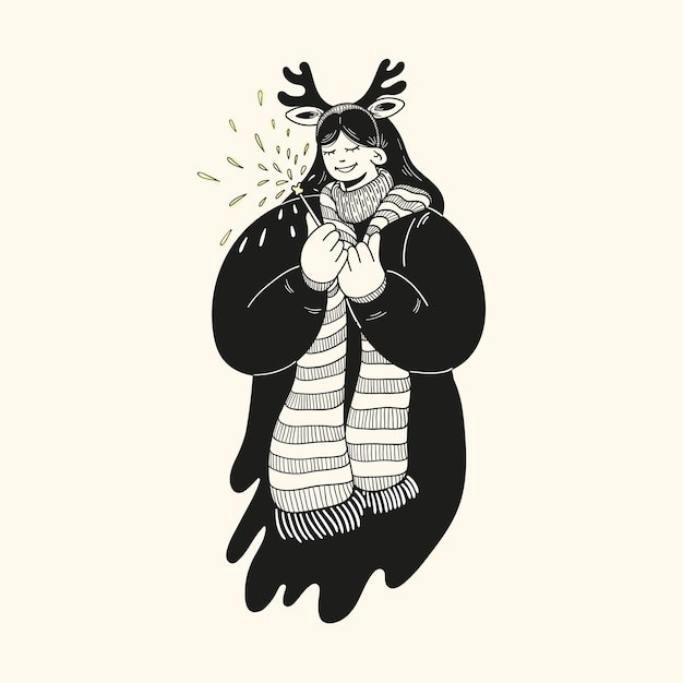 玩烟花的女孩人物插画