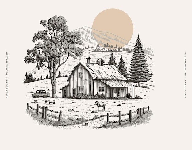 乡村谷仓房屋素描插画