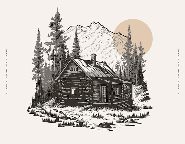 树林中的舒适小屋房屋素描插画