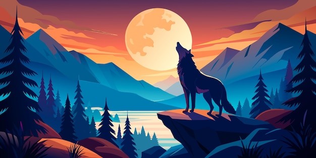 满月悬崖狼嚎风景插画