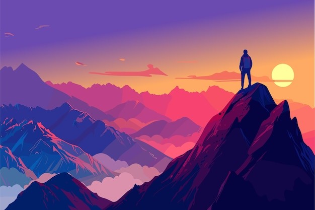 爬到山顶欣赏日落风景插画