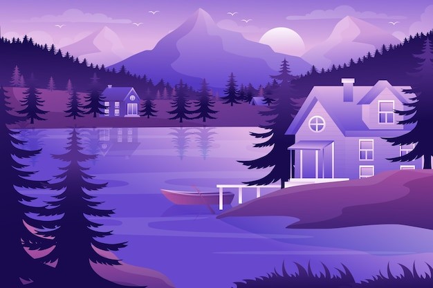 渐变湖景风景插画