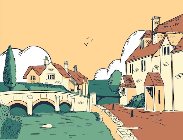 手绘欧式村庄插画