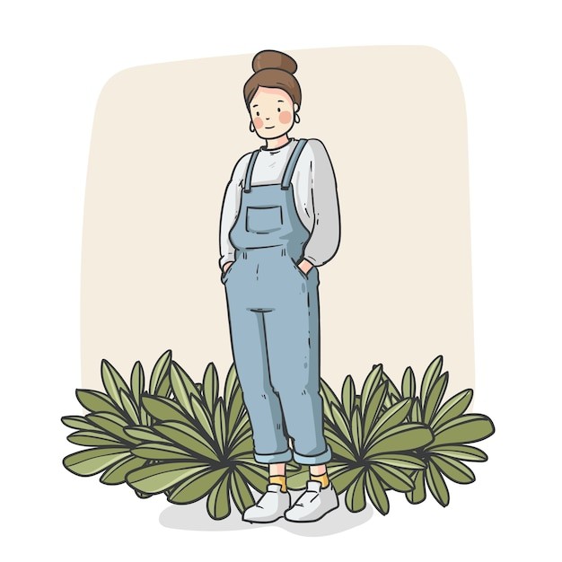 手绘可爱的背带裤女孩插画