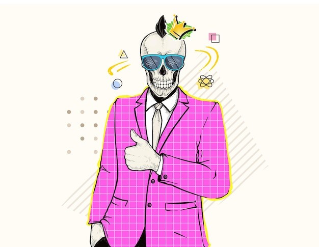 头戴墨镜粉色夹克的哥特式骷髅插画