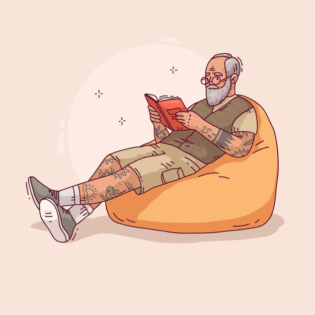 手绘沙发上的纹身老人插画