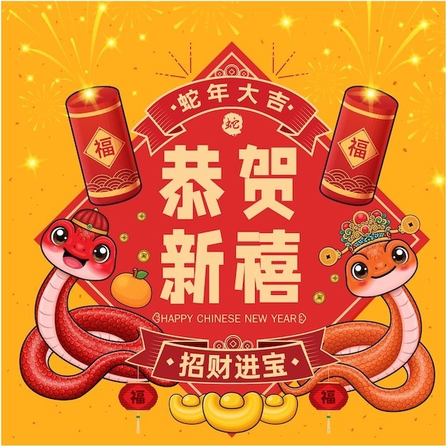 2025新年春节蛇年卡通蛇海报背景