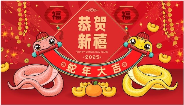 2025新年春节蛇年卡通蛇海报背景