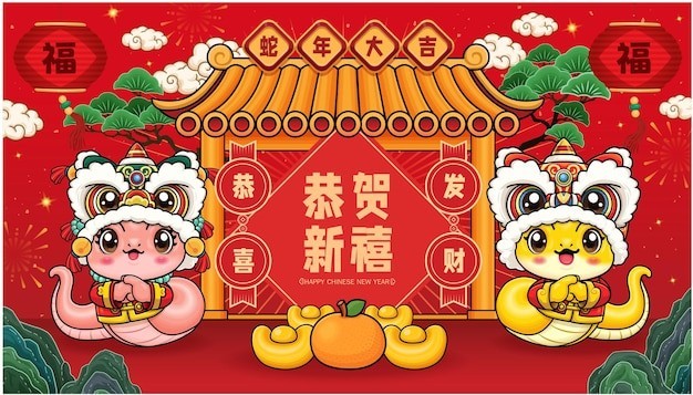 2025新年春节蛇年卡通蛇海报背景