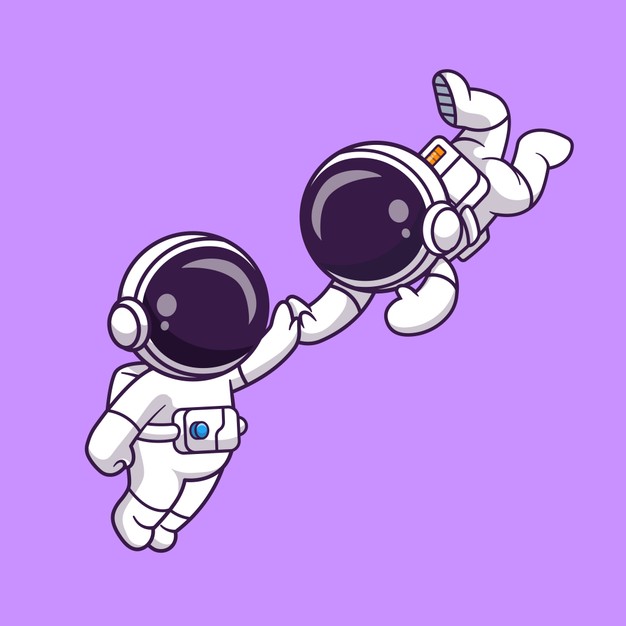 两个宇航员在紫色背景中牵手的可爱卡通插画