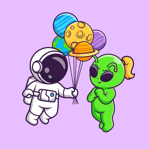 宇航员与外星人手持星球气球的可爱插画