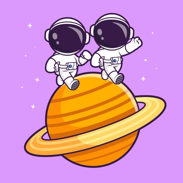 可爱宇航员在土星上探险的卡通插画