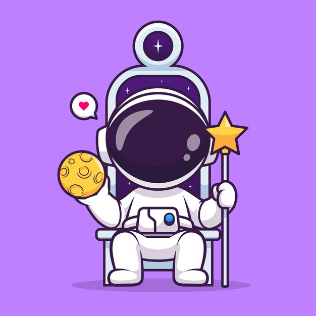 可爱宇航员坐在星空王座上手持星星权杖与月亮