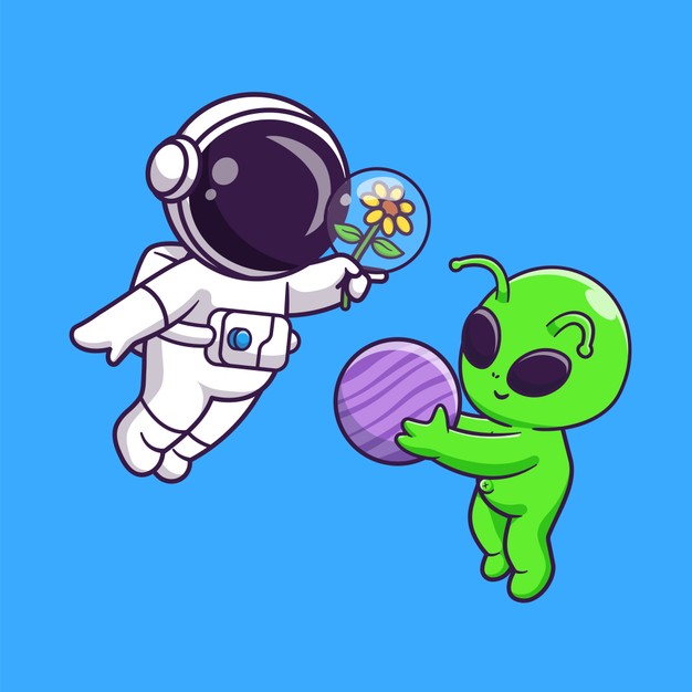 宇航员与外星人友好互动的可爱卡通插画