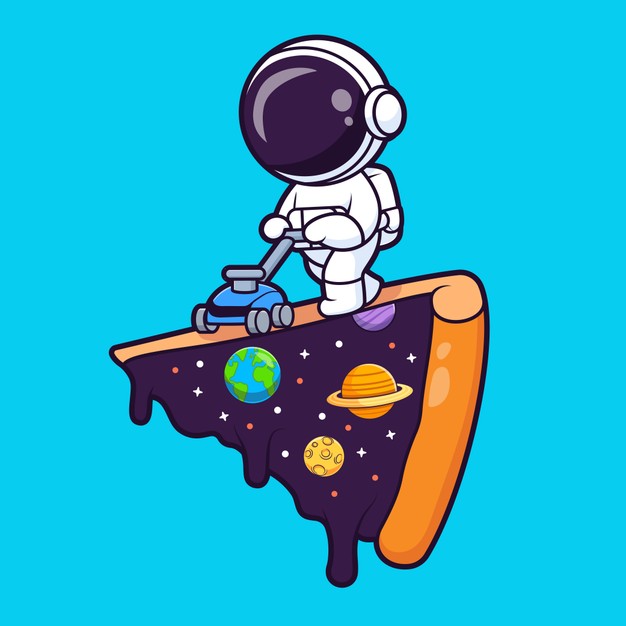 宇航员在宇宙披萨上推着割草机