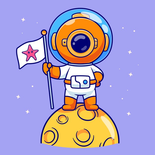 橙色头盔卡通宇航员站在月球表面手持海星旗