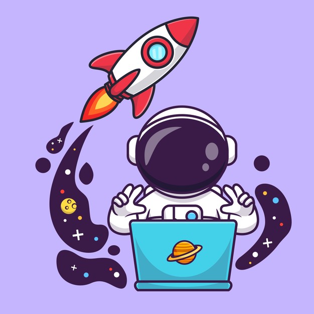 卡通宇航员在宇宙中操作笔记本电脑，背景有火箭和星球