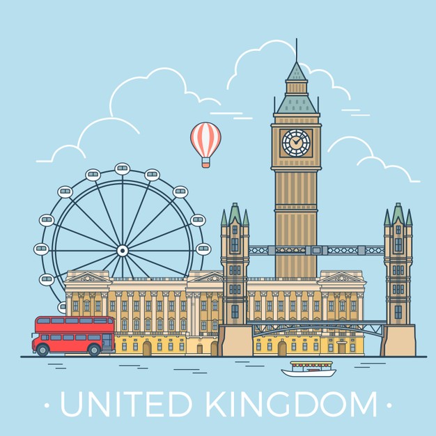 英国伦敦地标建筑扁平化插画风格设计素材