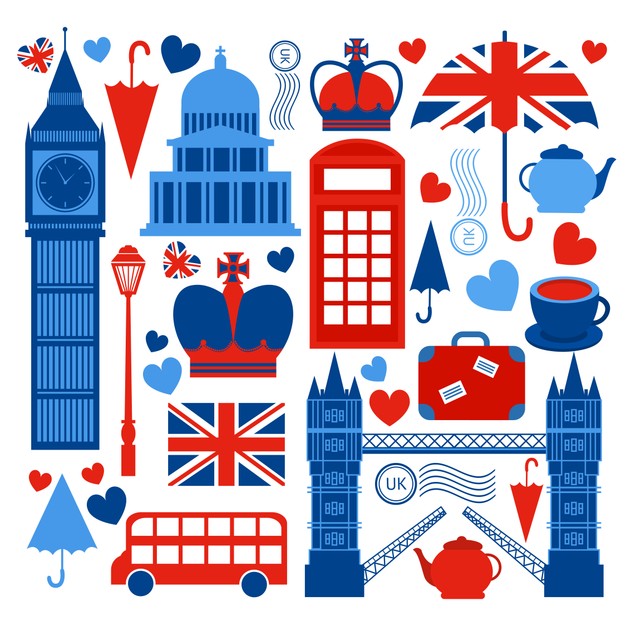 英国伦敦标志性建筑与旅行元素组合插画素材