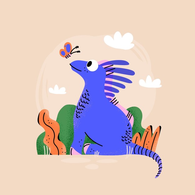 蓝色卡通恐龙与蝴蝶互动场景插画设计素材