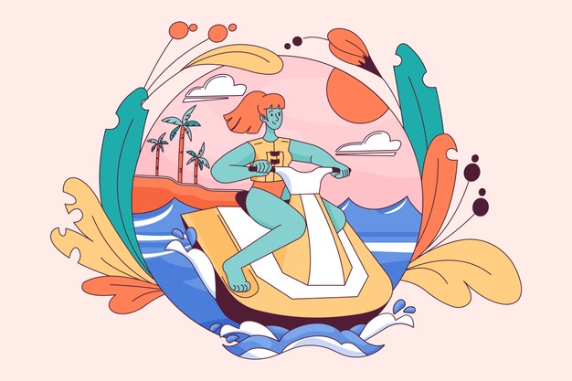 橙色头发女性驾驶黄色水上摩托在热带海滩驰骋