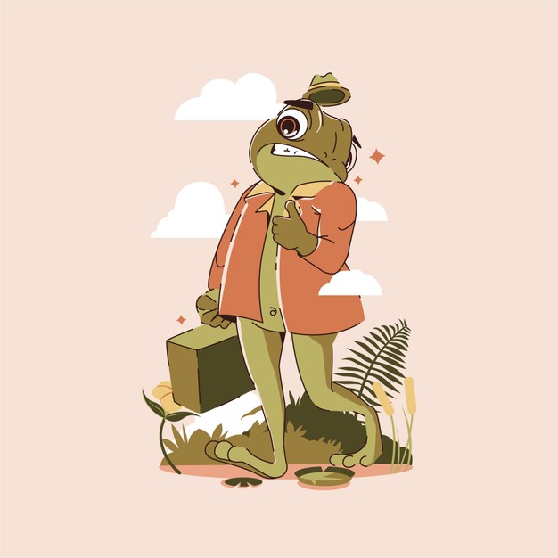 卡通青蛙角色手提行李箱插画设计素材