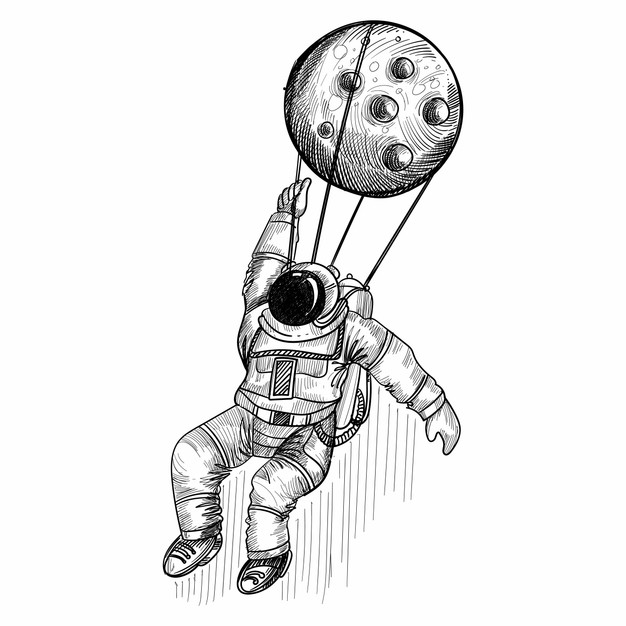 复古风格宇航员手举月球黑白线条插画