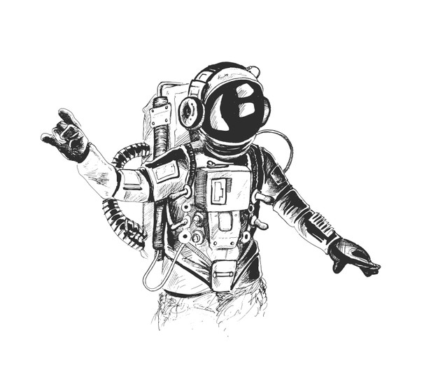 黑白线稿复古宇航员探索太空主题插画