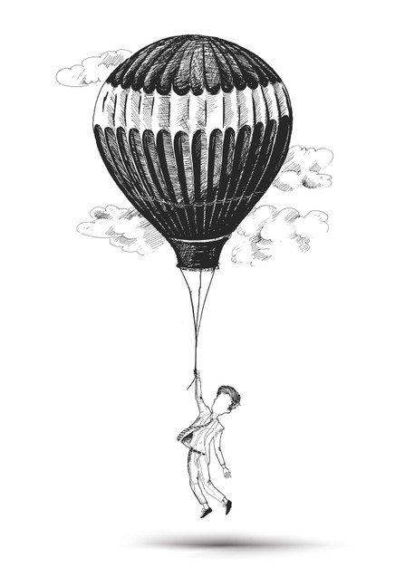 黑白线条勾勒的热气球与悬浮小人插画