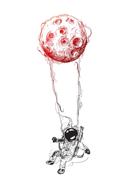 红色星球宇航员手绘草图创意插画